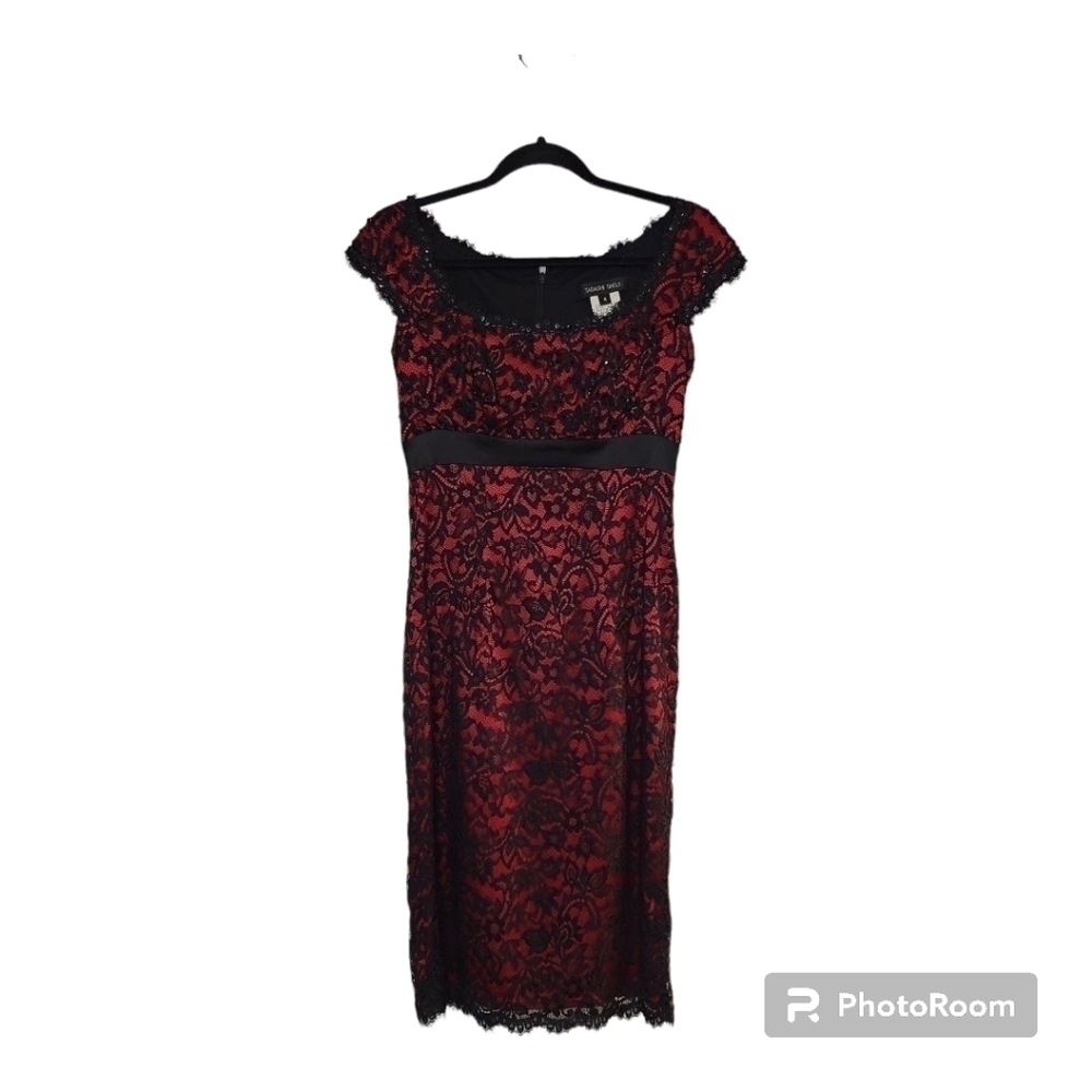 TADASHI Dress Shoji Cocktail Womens Size 4 Red Black Lace Eyelash Fairygoth - Picture 1 of 13